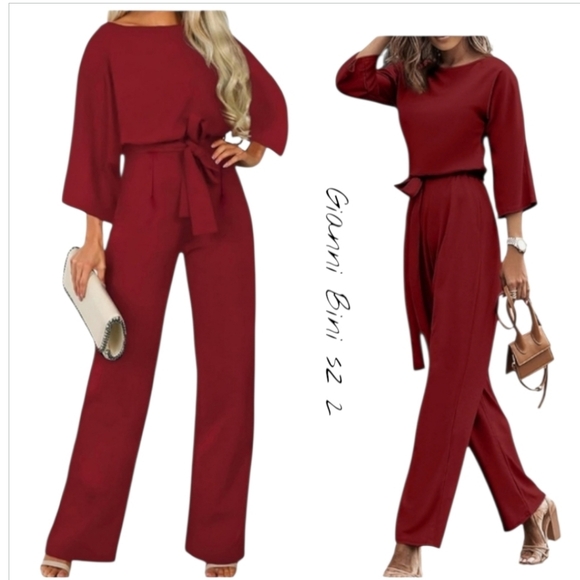 Gianni Bini Pants - Gianni Bini Wide Leg Belted Jumpsuit Burgundy Red 3/4 Sleeve Size 2